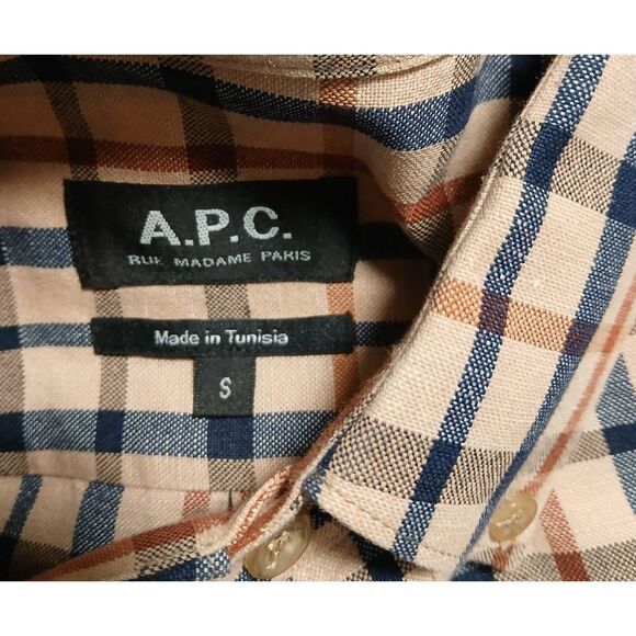 Apc mens small nova check plaid button down shirt brown navy classic timeless - Picture 4 of 7